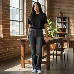 American Eagle high-waisted gray corduroy flare pants with a button fly size 6